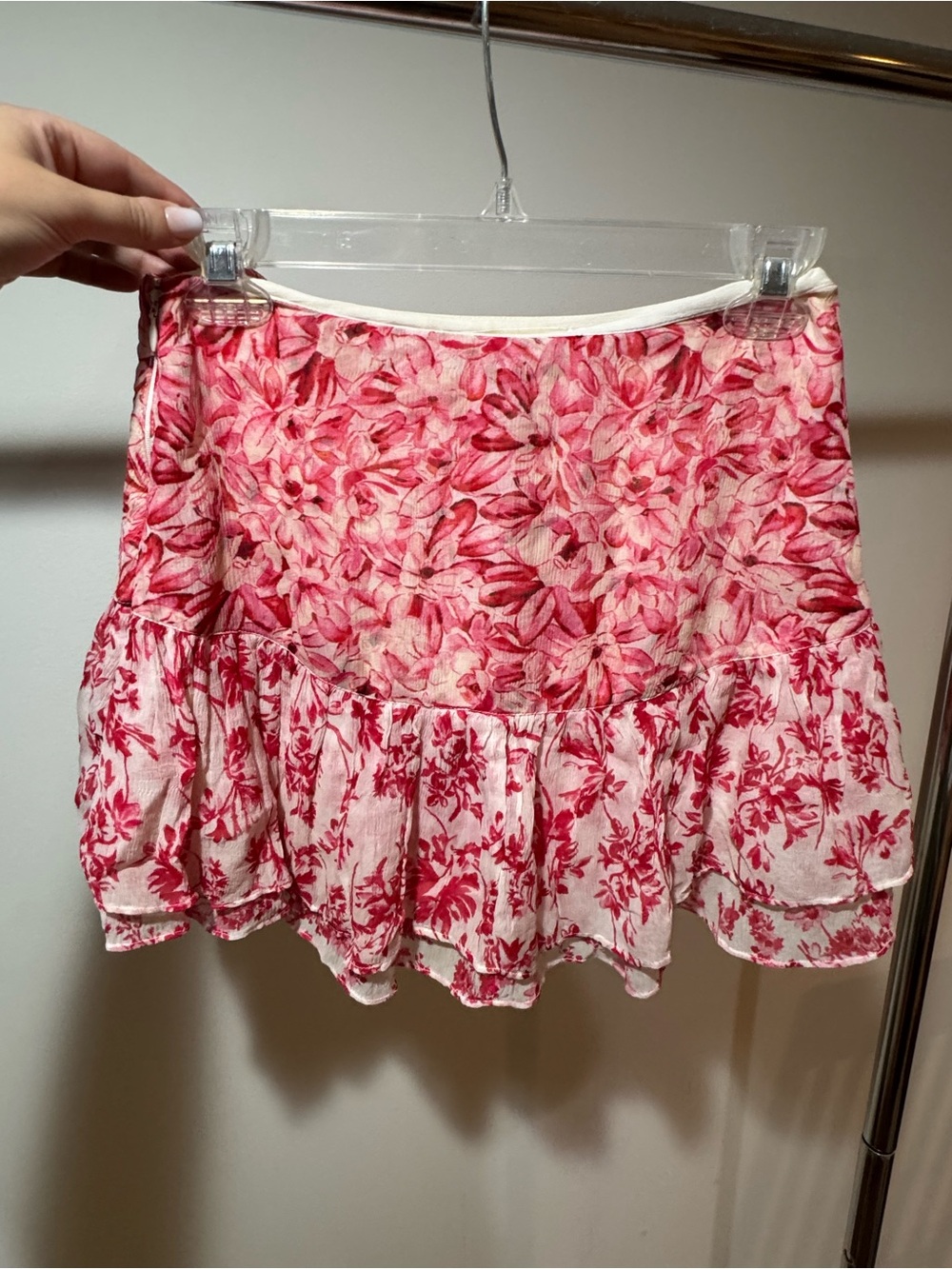 100% Silk LoveShackFancy Pink Floral Ruffled Mini Skirt - Picture 2 of 6
